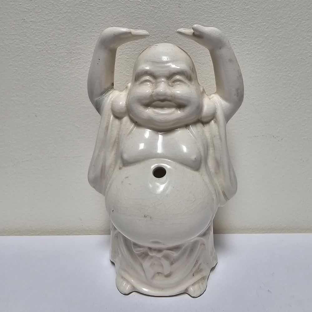 White Ceramic Laughing Buddha Incense Holder
